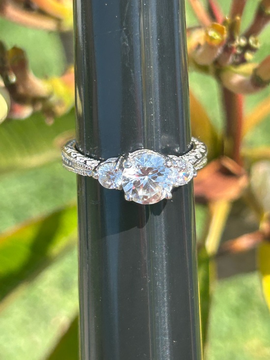 Jewelry - White Gold Three-Stone Engagement Ring. The band is hand-engraved see pictures.